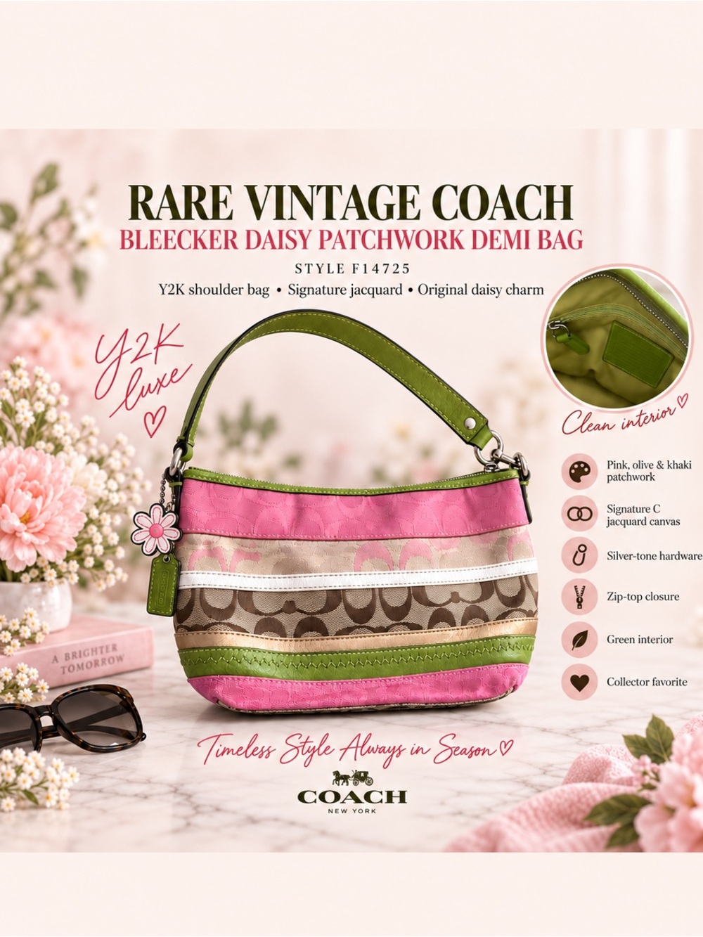 Vintage RARE Coach Bleecker Daisy Patchwork Demi Bag in Pink & Green